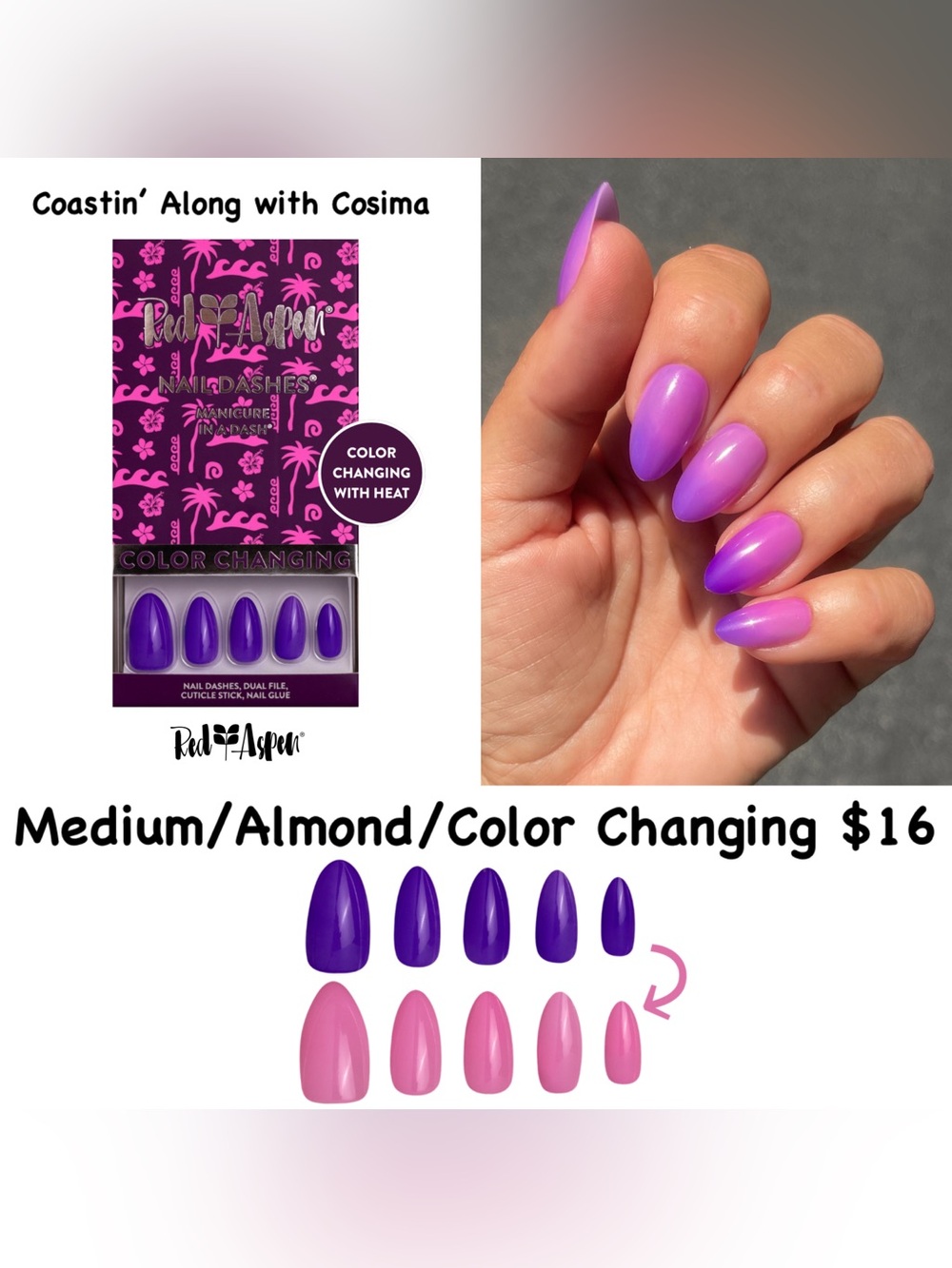 Red Aspen Color-Changing Purple to Pink Almond Press-On Nails